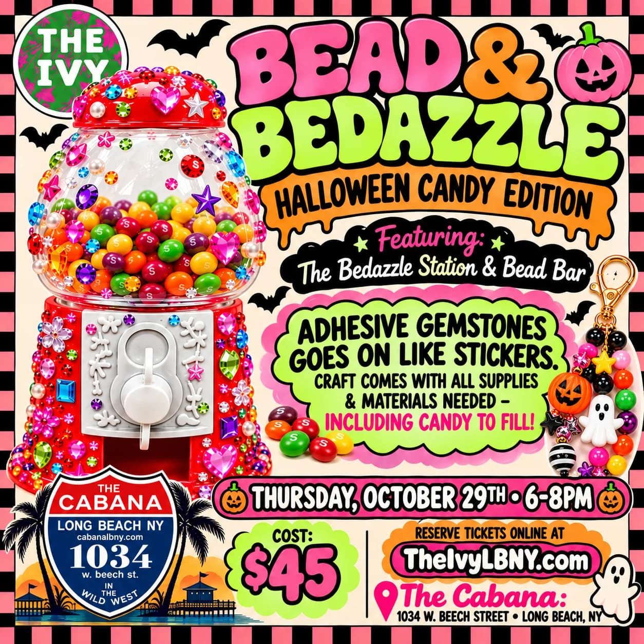 Bead & Bedazzle Halloween Candy Edition flyer showing a bedazzled candy machine. Thursday, October 29, 6 to 8pm at The Cabana, $45.